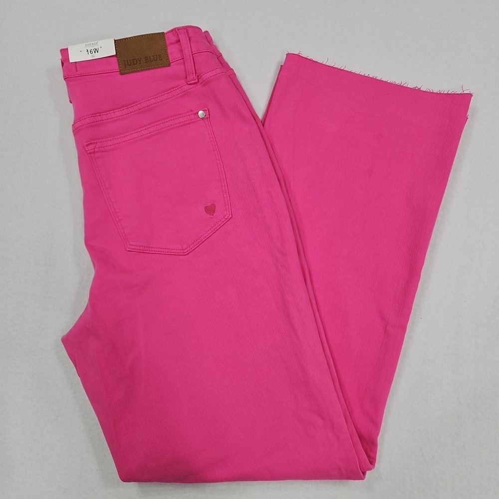 Judy Blue High Rise Hot‎ Pink Raw Hem 90s Straight Jeans 16W Stretch Denim